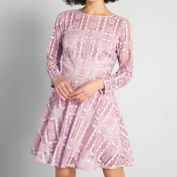 Modcloth Lavender Lace, Sexy Back Slit Fit & Flare Long Sleeved Mini Dress - Picture 5 of 15